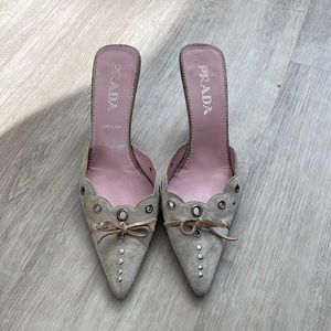 PRADA Tan Suede Mules w/ Ribbon and Grommets sz 38
